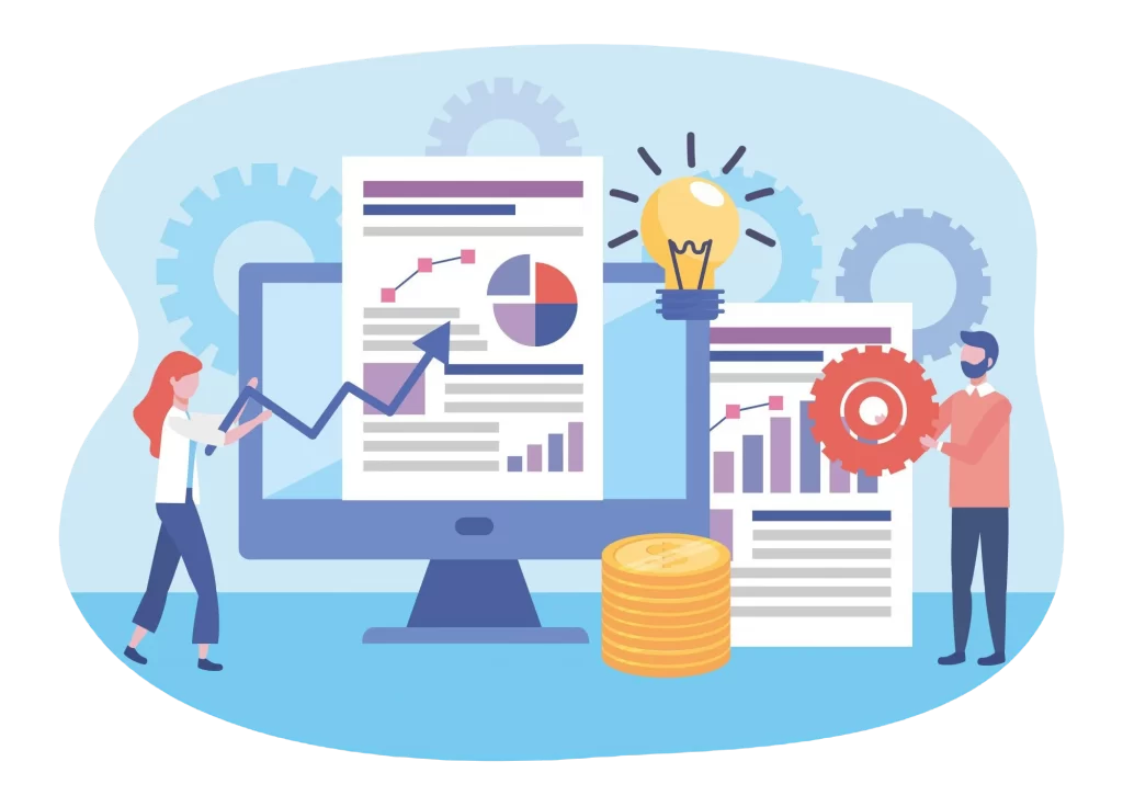 business-woman-business-man-with-diagram-statistics-bar-documents