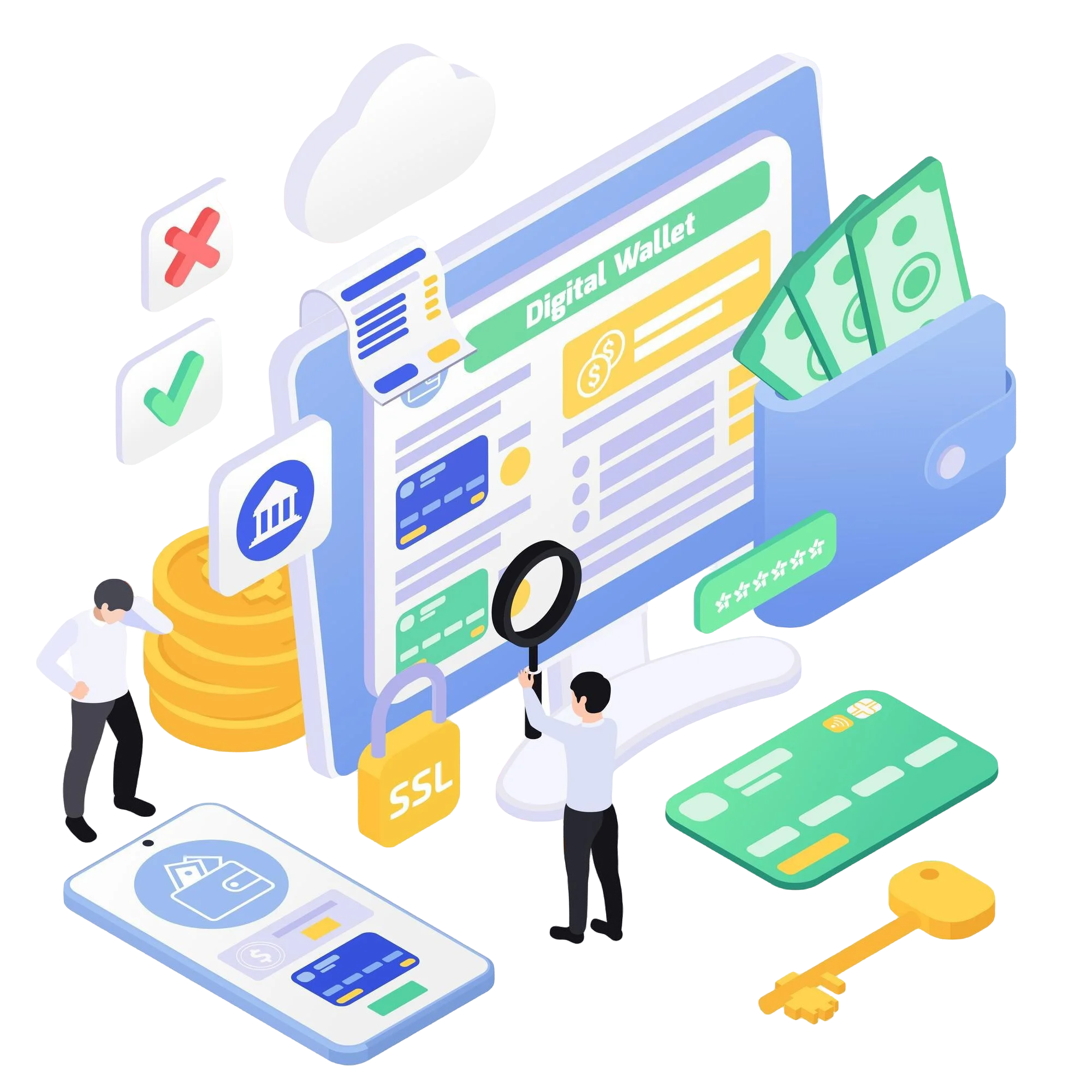 secure-payment-isometric-composition-with-icons-coins-banknotes-wallet-credit-card-banking-pictograms-vector-illustration