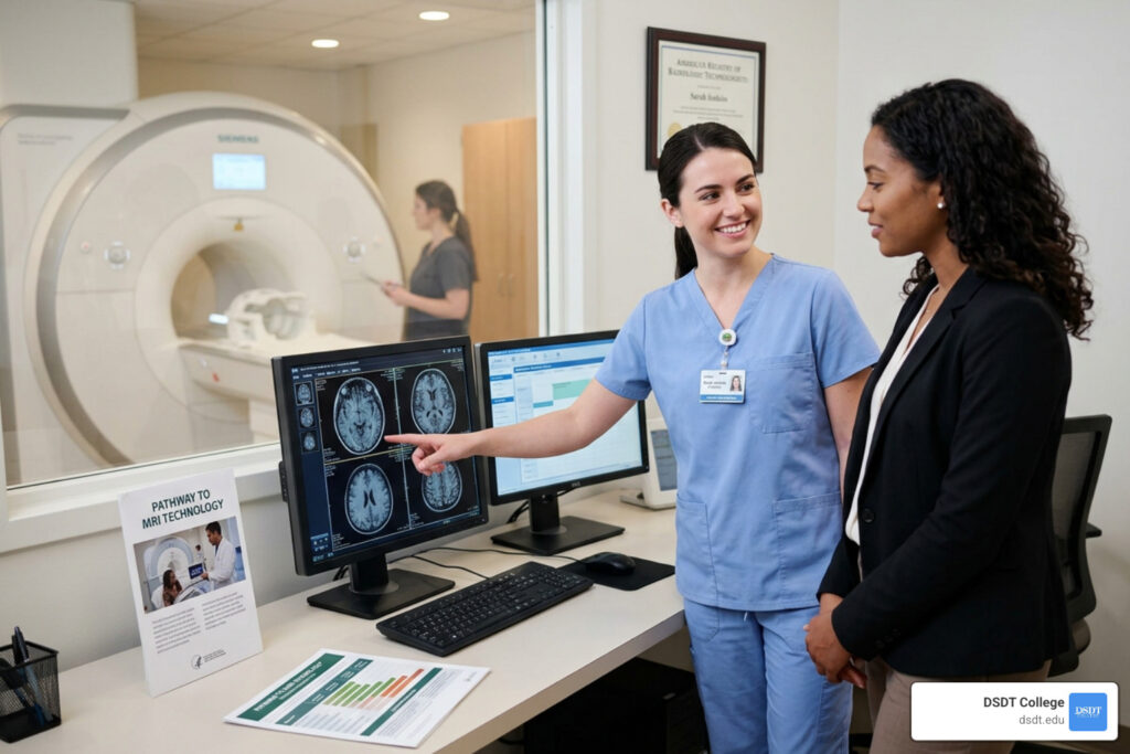 MRI scanner in use, showing magnetic field - what degree do you need to be an MRI technologist? MRI / Medical Imaging (very