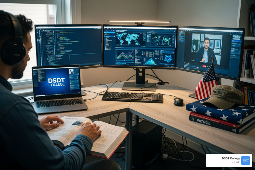 Features a man studying at a desk with computer screens displaying digital security graphics, an American flag in the background, and a military cap beside him.
