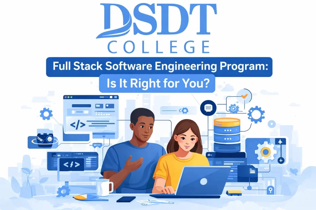 Two students studying at laptops surrounded by software icons, representing a coding program. Caption reads "Full Stack Software Engineering Program."