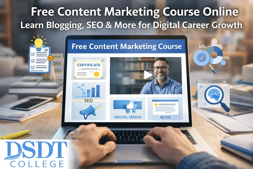 Laptop displaying "Free Content Marketing Course" with images of a certificate, SEO graph, and a smiling instructor. DSDT College logo, educational theme.