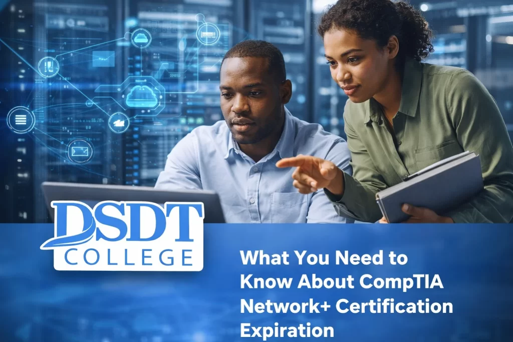 Two people, focused and collaborating on a laptop, with digital network icons in the background. Text reads: "DSDT College: What You Need to Know About CompTIA Network+ Certification Expiration."
