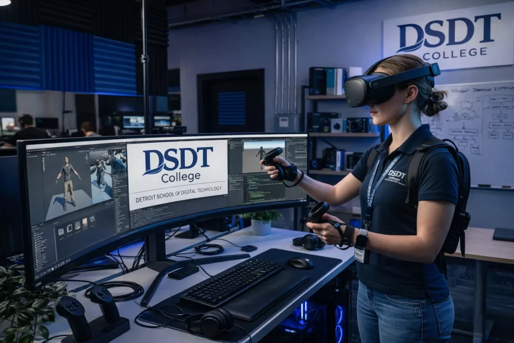 A person wearing VR gear interacts with 3D software on a large monitor at DSDT College. The setting is a modern digital tech lab, conveying innovation.