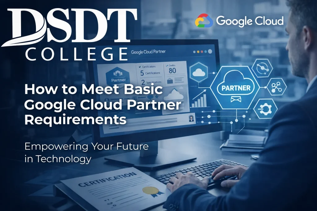 Man at a computer with text on screen about Google Cloud Partner requirements. DSDT College logo and tagline: "Empowering Your Future in Technology." Blue tone.