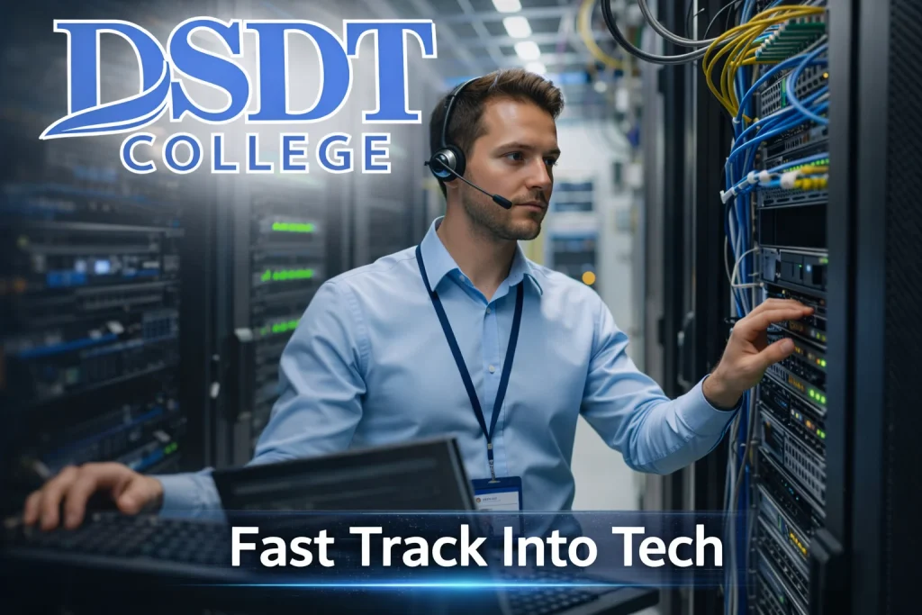 Man in a server room wearing a headset, working on equipment. Text reads "DSDT College" and "Fast Track Into Tech," suggesting a tech education.