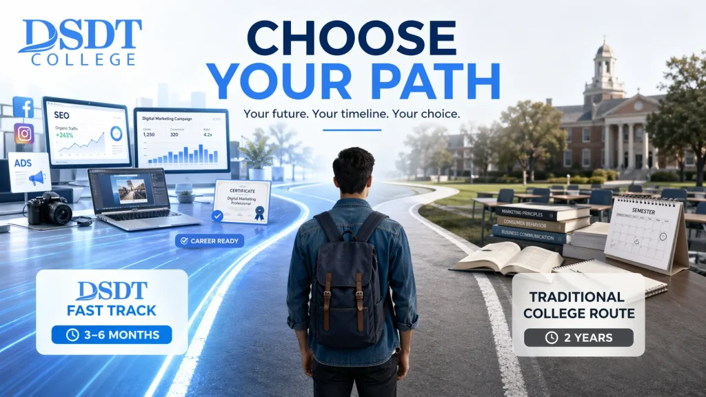 A student stands facing a split pathway. On the left, tech gear and "DSDT Fast Track" signs suggest a quick career path. On the right, books and "Traditional College Route,
