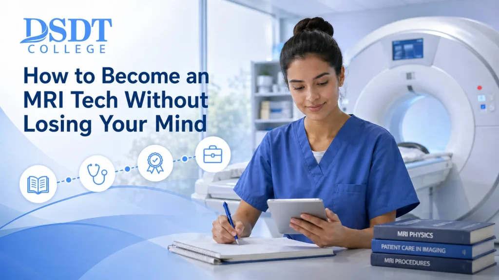A woman in blue scrubs, sitting in front of an MRI machine, writes on a tablet. Text reads "How to Become an MRI Tech Without Losing Your Mind." The setting is calm and professional.
